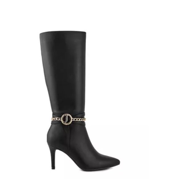 NEW JONES NEW YORK FAUX LEATHER GOLD CHAIN LOGO TALL Harness BOOT SZ-10 - Picture 3 of 10